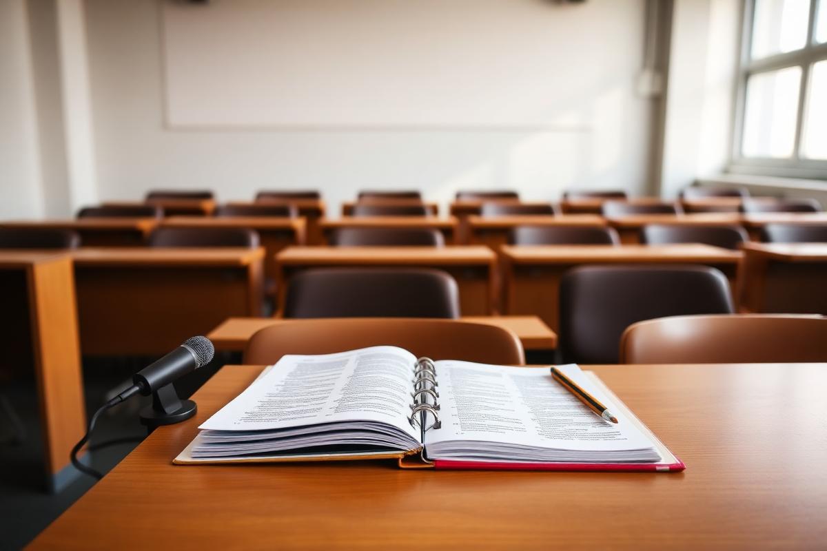 A binder, a microphone and lecture notes on a working desk