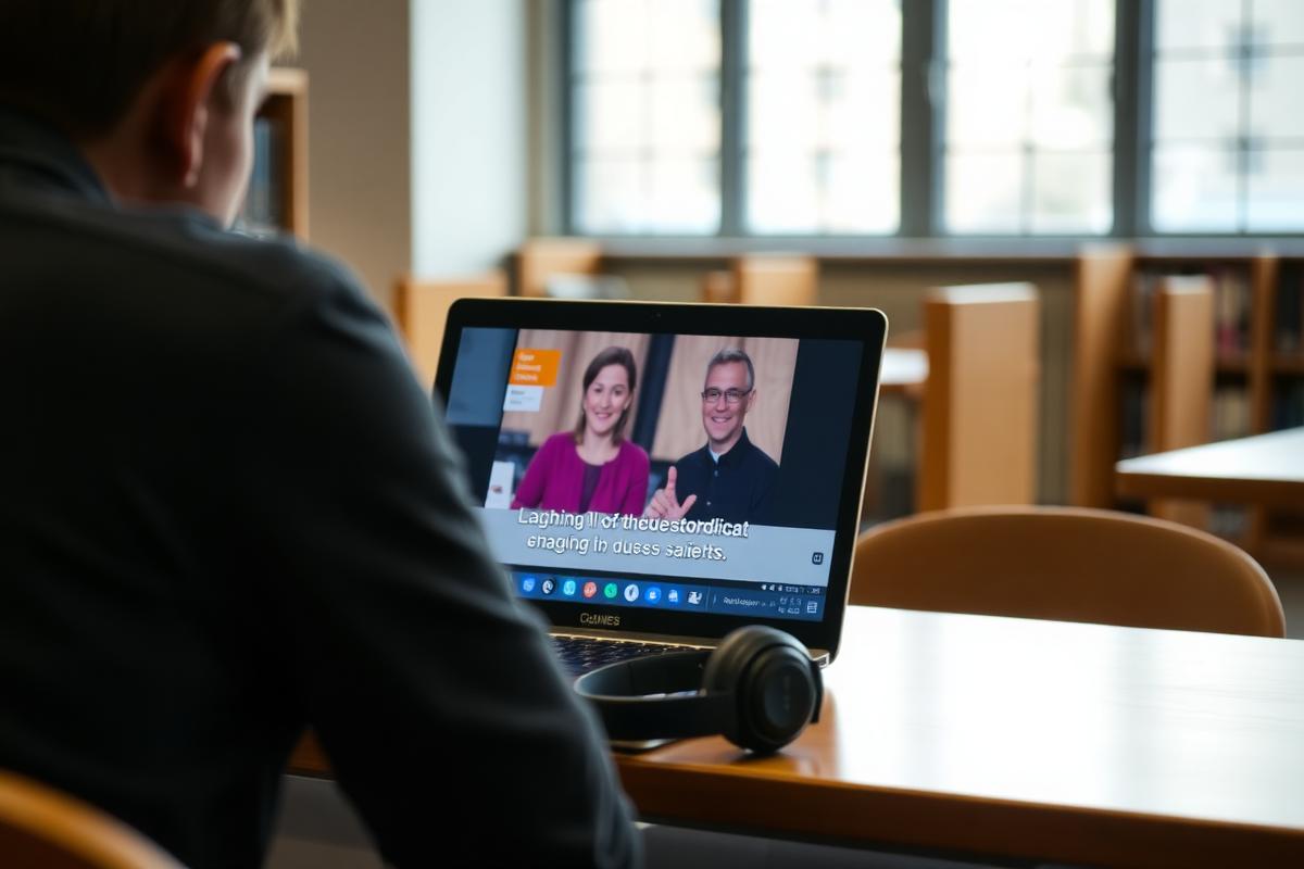 A learner watching a captioned lecture on a laptop in a quiet library