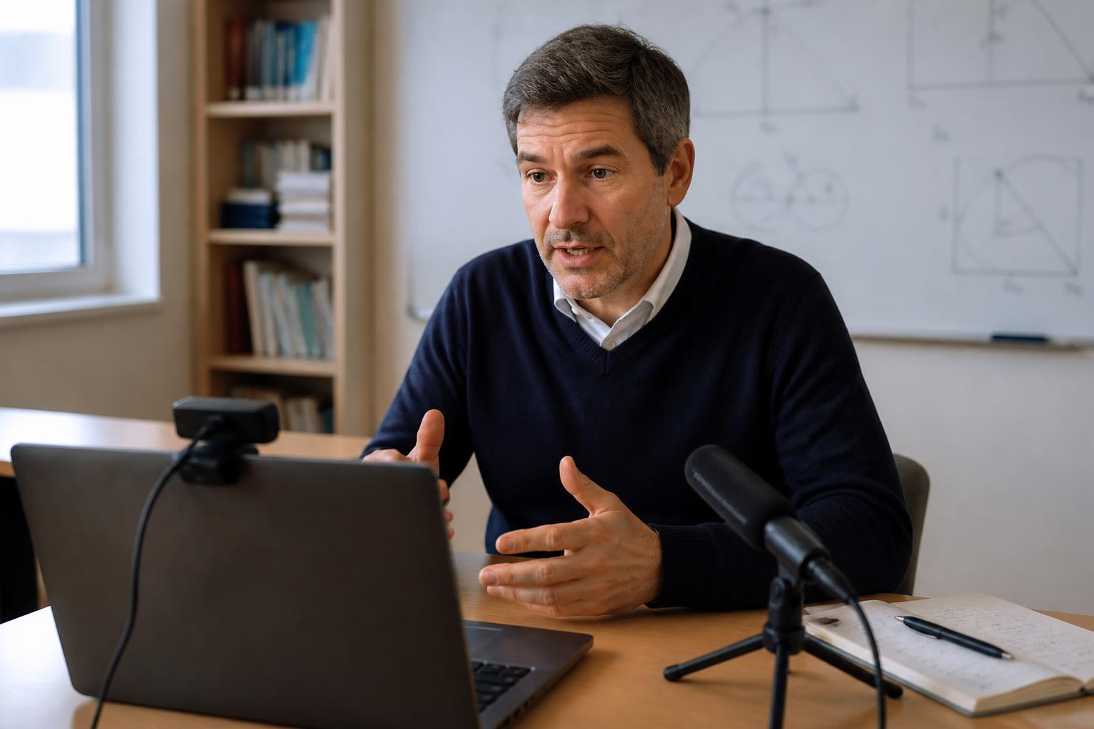 An instructor recording a lesson with a laptop webcam and a microphone