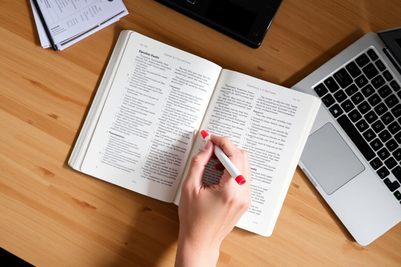 Hands highlighting a printed workbook next to a laptop